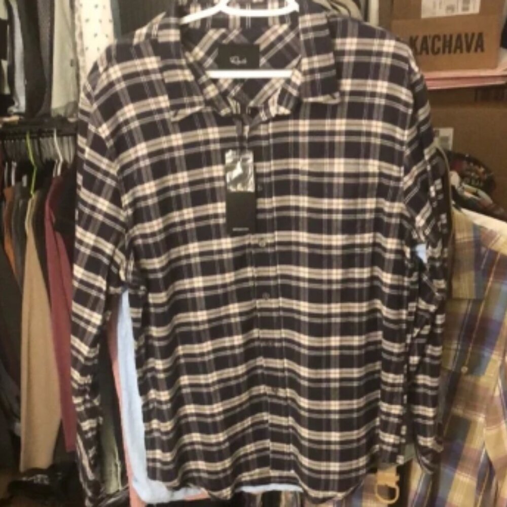 Rails “Reid” Plaid Stretch Navy Lentil Cream Cotton Button Down Shirt